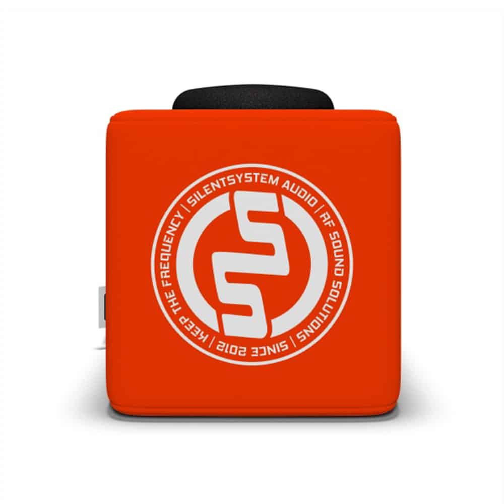 Oranje Catchbox met het ronde Silentsystem-logo